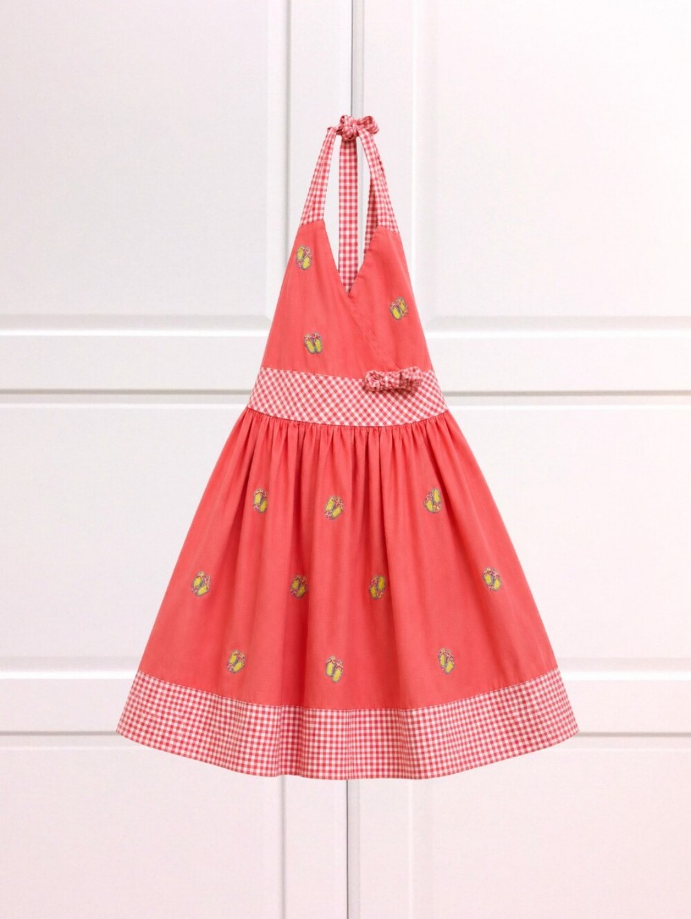 Girls Coral Pink Halter Dress with Embroidered Flip Flops & Gingham Trim